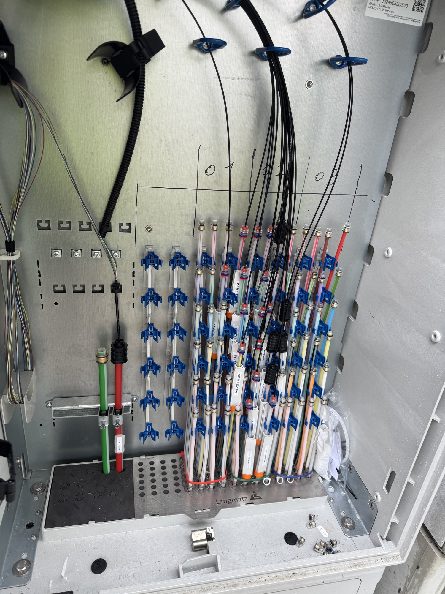 Geöffneter Glasfaser-Netzverteiler mit vorbereiteten Anschlussfeldern